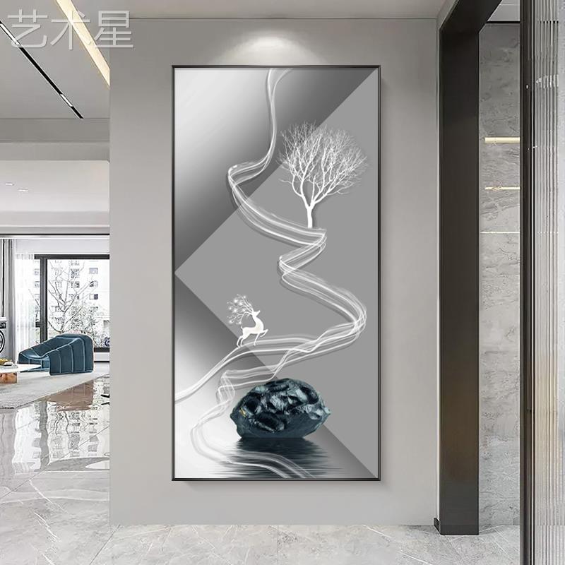 梯现代进玄0250607关装饰画高档发光灯画楼间竖版走大气挂画门廊