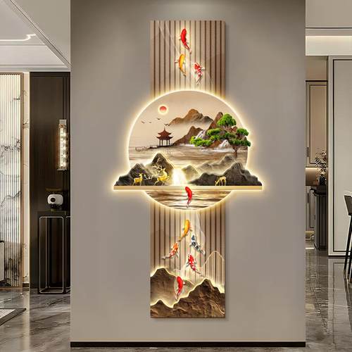 九鱼图入户玄关装饰画新中式正对门挂画高级感带灯画走廊过道壁画