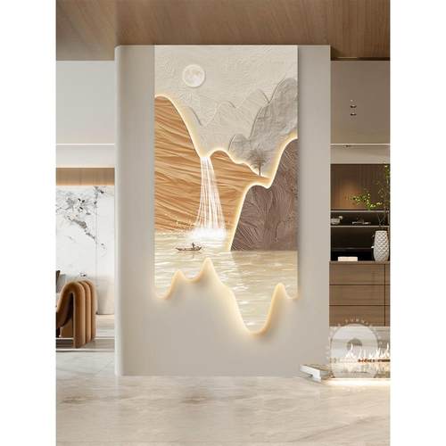 现代轻奢玄关装饰画创意个性山水LED灯画入户门走廊过道尽头挂画