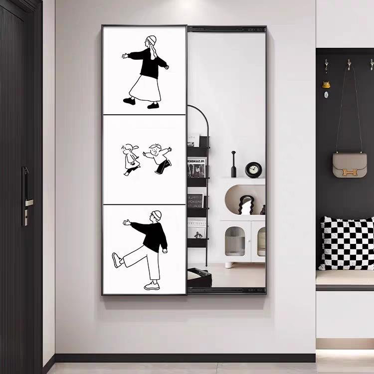 一家三四口奶油风隐藏全身镜玄关装饰画推拉隐形穿衣镜画平开镜子