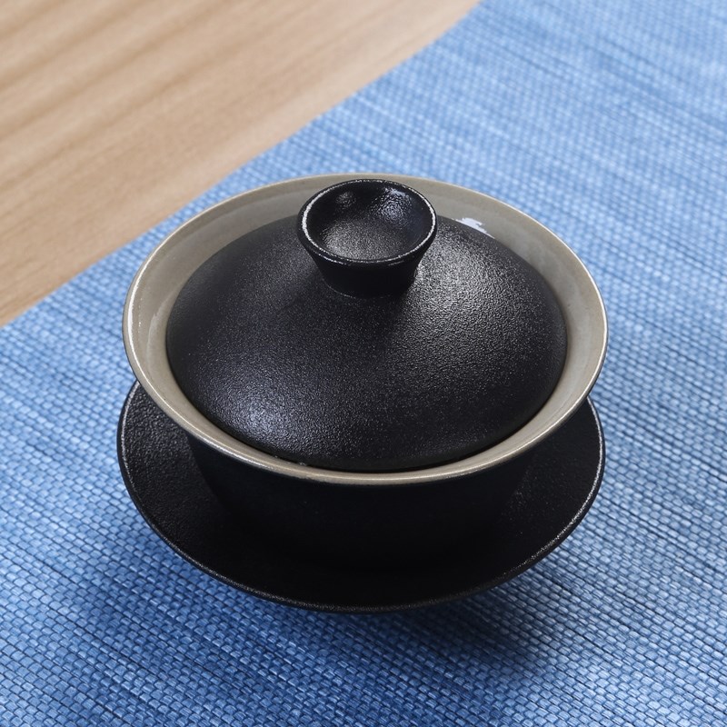 黑陶盖碗单个禅风黑色三才盖碗y茶杯粗陶复古家用泡茶碗功夫茶碗