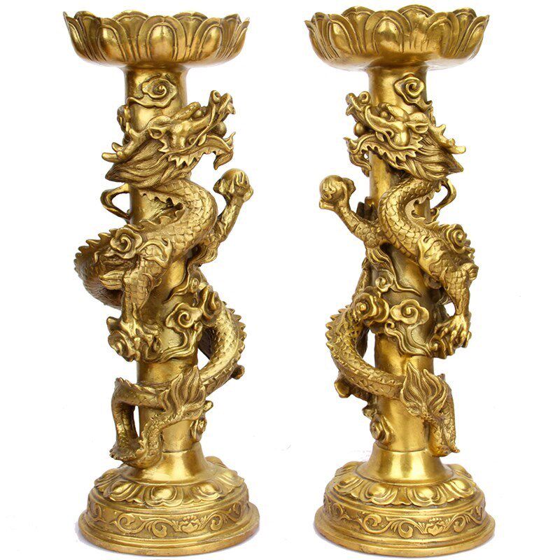 铜 铜龙烛台 铜双龙烛台 盘龙戏珠烛台 龙凤铜蜡台供佛蜡烛灯台