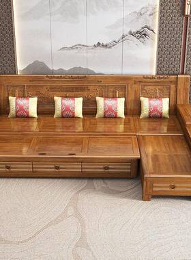 香樟全实木沙床客厅功24475能可储发物雕花小户型伸缩拉折叠推床