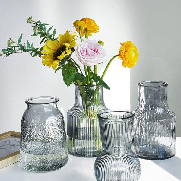 【两件套】轻奢花瓶透明复古客厅插花鲜花水培浮雕北欧简约玻璃瓶