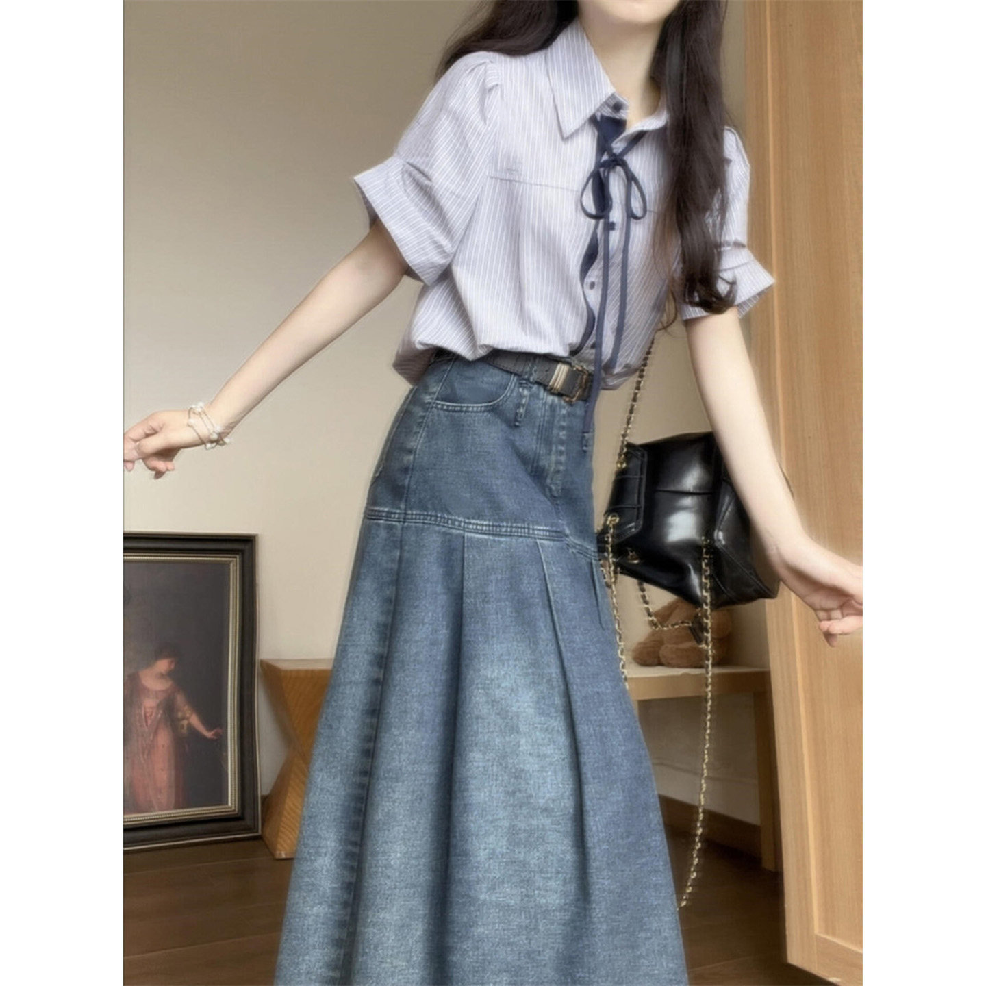 miu系学院风系带条纹短袖衬衫女图片