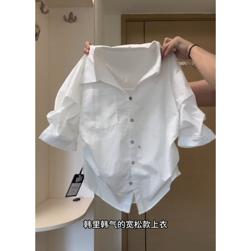 法式polo翻领白色泡泡袖衬衫女夏