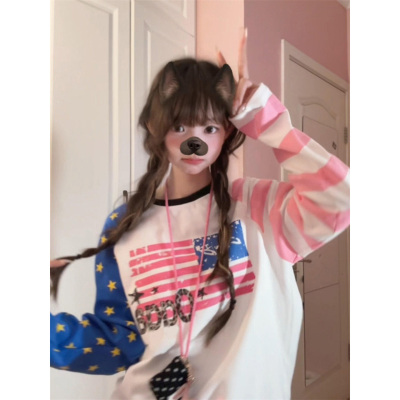 美式撞色星星条纹插肩长袖t恤女