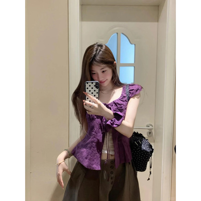 式气质紫色荷叶边无袖衬衫女上衣