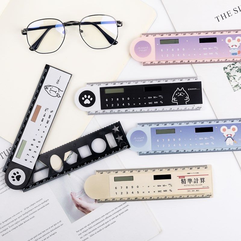小清新尺子旋转直尺计算器迷你学生办公太阳能Q简约两用可爱计算