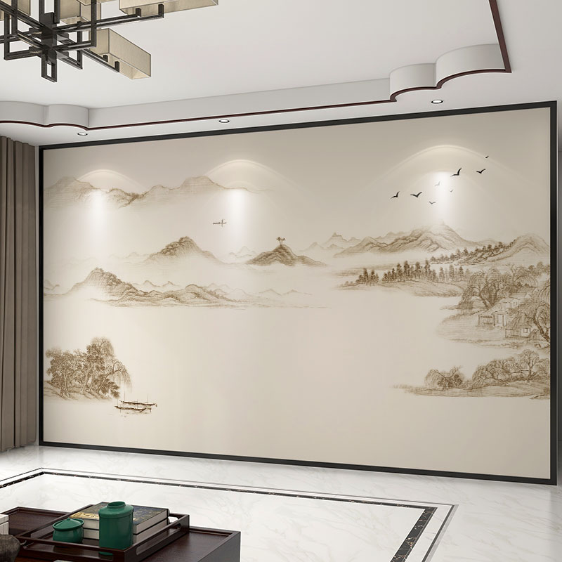 墙纸定制3d立体中式山水u电视背景墙壁布油画壁纸客厅装饰墙布壁