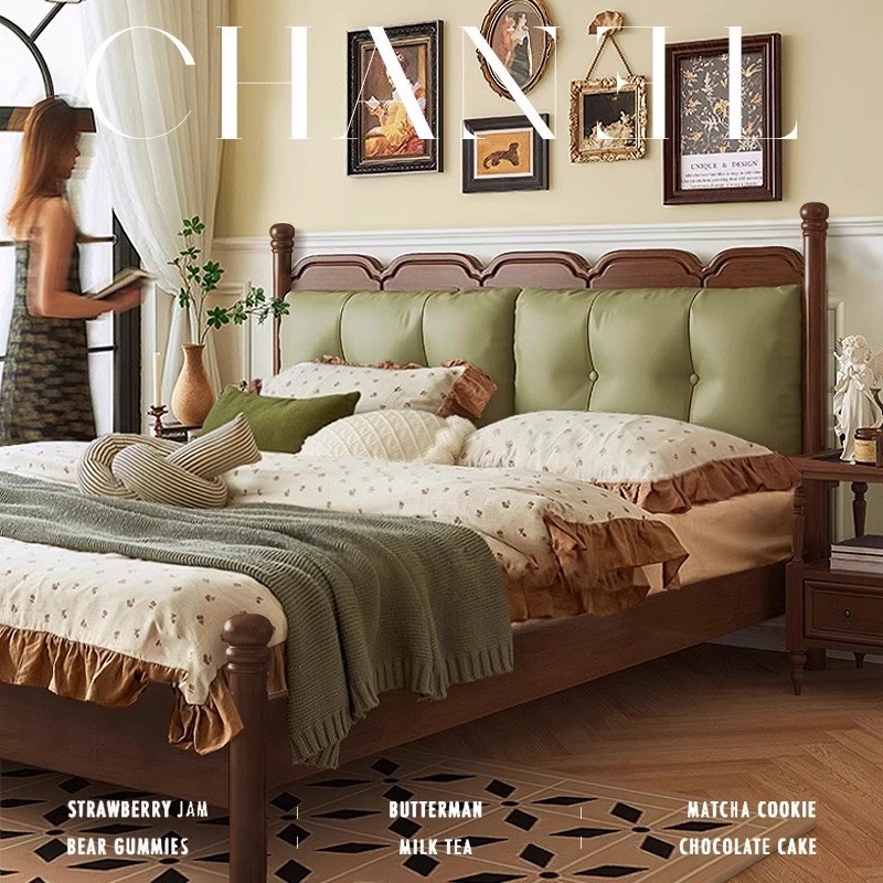 法式中古风实木床主卧1.8tm双人现代简约法式床1.5m复古软包床婚