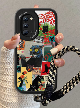 黑色猫咪适用opporeno4手机壳新款女小羊皮reno3pro高级感疯狂ren04se男卡通0pp0reno3元气版防摔小众软套