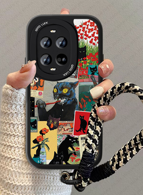 黑色猫咪适用华为nova14手机壳新款nova13pro女小羊皮nowa活力版疯狂nove12ultra卡通防摔男小众高级感套