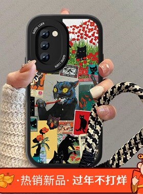 黑色猫咪适用vivos16手机壳S15的新款女小羊皮高级感疯狂s10pro情侣男viv0s15e镜头卡通V0V0s12防摔小众套