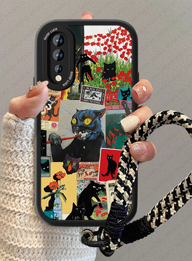 黑色猫咪适用vivoz5手机壳新款女小羊皮z6硅胶t2新款女Z5i男疯狂卡通z1青春版T1防摔viv0Z3X情侣高级感挂绳套