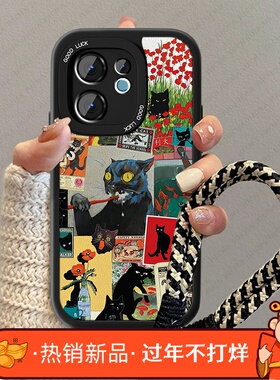 黑色猫咪适用vivos30手机壳的新款mini女S20小羊皮s19疯狂s18pro情侣男viv0s16e卡通V0V0s17防摔高级感套