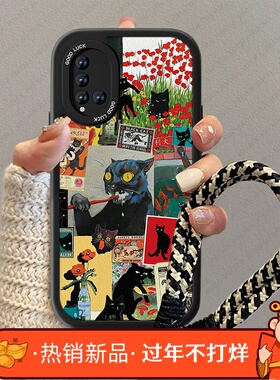 黑色猫咪适用华为nova5手机壳新款女小羊皮nova4高级感nove3e疯狂nove5ipro情侣卡通now防摔男5z小众挂绳套