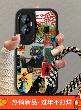 黑色猫咪适用opporeno10手机壳新款女小羊皮reno9pro高级感疯狂ren08卡通防摔reno10por+男情侣挂绳小众套