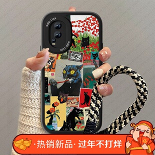 黑色猫咪适用iqooneo7手机壳小羊皮NEO7se新款竞速版硅胶vivoiq00neo6se卡通挂绳IQOOneo6男防摔高级感小众套