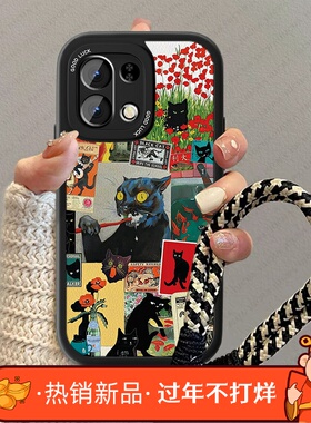 黑色猫咪适用oppok12手机壳新款plus女小羊皮0pp0k10pro卡通k11x防摔男por疯狂活力版高级感opop挂绳小众套