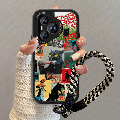黑色猫咪适用华为pura80pro手机壳p60新款女Pure小羊皮p60por疯狂p70ultra情侣+男十卡通防摔男高级感挂绳套