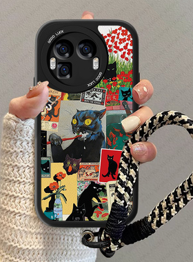 黑色猫咪适用真我GT8pro手机壳新款realmegt8男卡通GT8por小羊皮高级感oppo疯狂pr0防摔Realme情侣女套