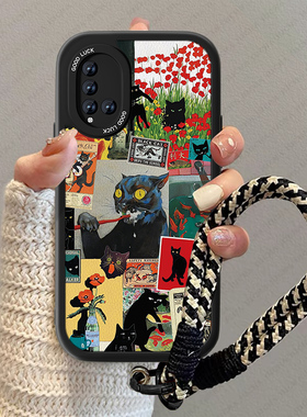 黑色猫咪适用华为nova5手机壳新款女小羊皮nova4高级感nove3e疯狂nove5ipro情侣卡通now防摔男5z小众挂绳套