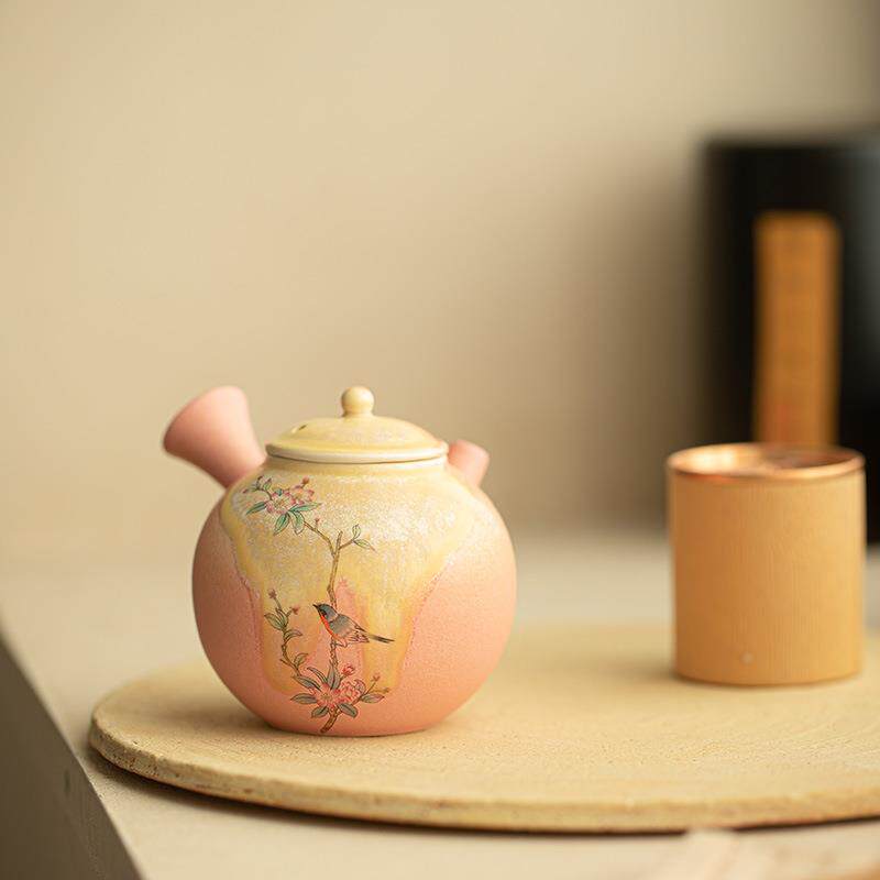 结晶釉窑变柴烧风家茶壶侧把壶泡茶陶茶具日式用A12497花壶鸟功瓷