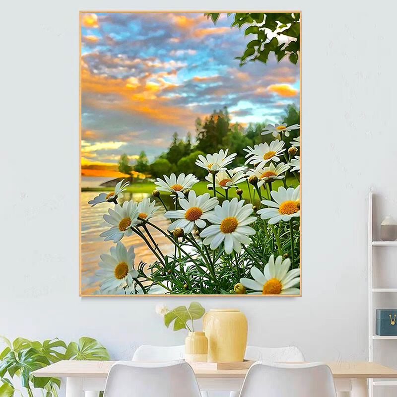 清新花卉风景钻石画2022新款小幅雏菊5d点贴钻十字绣客厅餐厅满钻