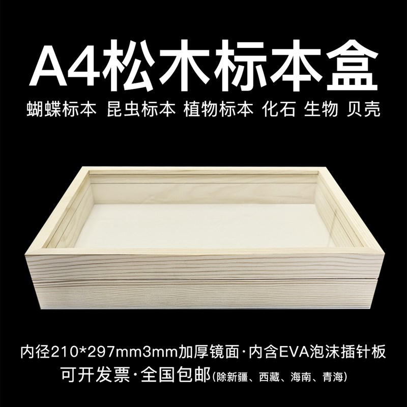 松木昆虫玻璃标本盒插针盒插针板实木标本框蝴蝶标本存放盒A4尺寸
