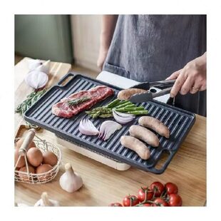 46*26cm大号铸铁锅双耳户外烤盘双面烧烤煎盘长方形