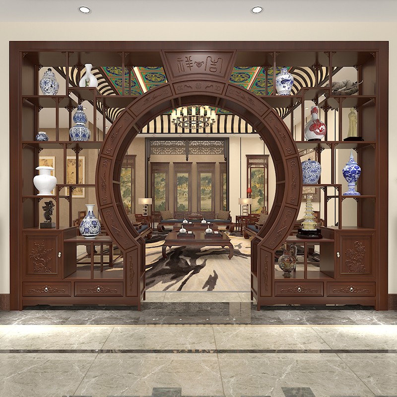 新中式实木客厅月洞门博古架拱门隔断月亮门O镂空红木仿古弧形圆