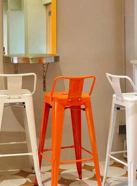 网红店橙色吧椅白色铁艺高脚凳咖啡店吧台凳组合水泥工业风商用