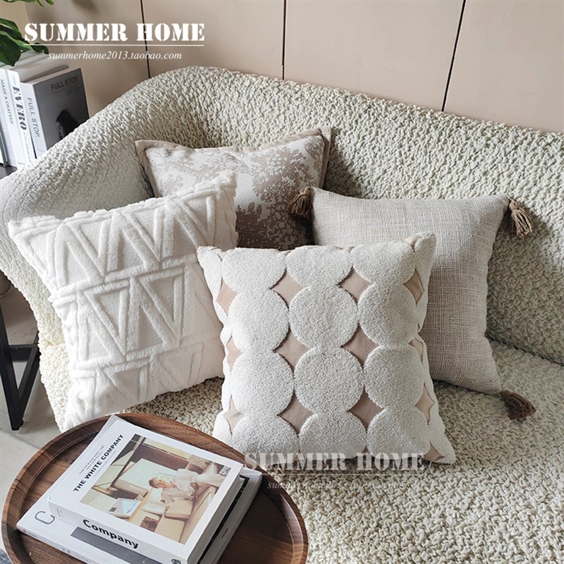 奶茶色高级感沙发抱枕套靠垫 法式奶油风客厅靠枕几何中古风靠包