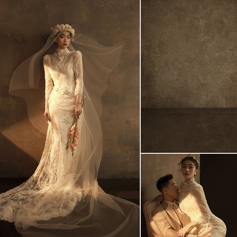 咖色肌理影楼婚纱摄影室内写真法式复古婚纱照细腻创新个性情侣结