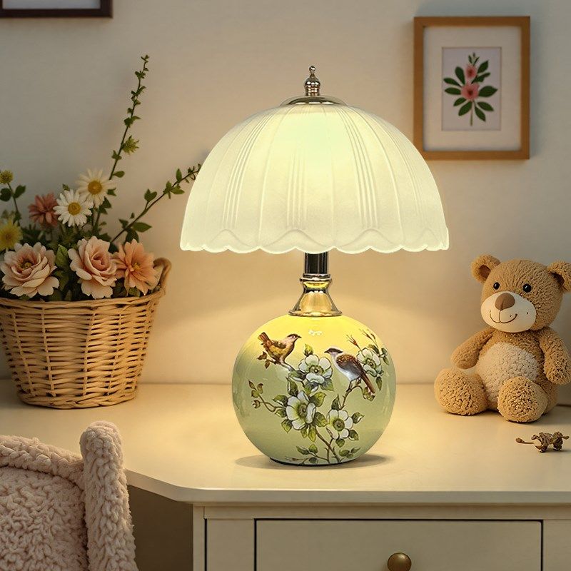 欧式花鸟圆球台灯卧室床头灯创意氛围小夜灯LED充电触摸调光节能