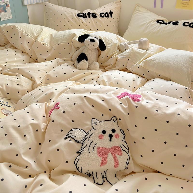 晚安猫蝴蝶结猫咪少女心水洗棉毛巾绣被套四件套学生宿舍三件套