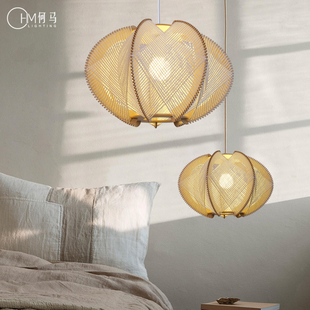 创意麻绳编制六角网木艺吊灯东南亚日式 侘寂奶油风民宿卧室餐厅灯