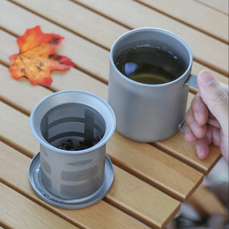 银蚁纯钛双层水杯茶杯钛金属泡茶器户外露营钛水杯带过滤网防烫杯