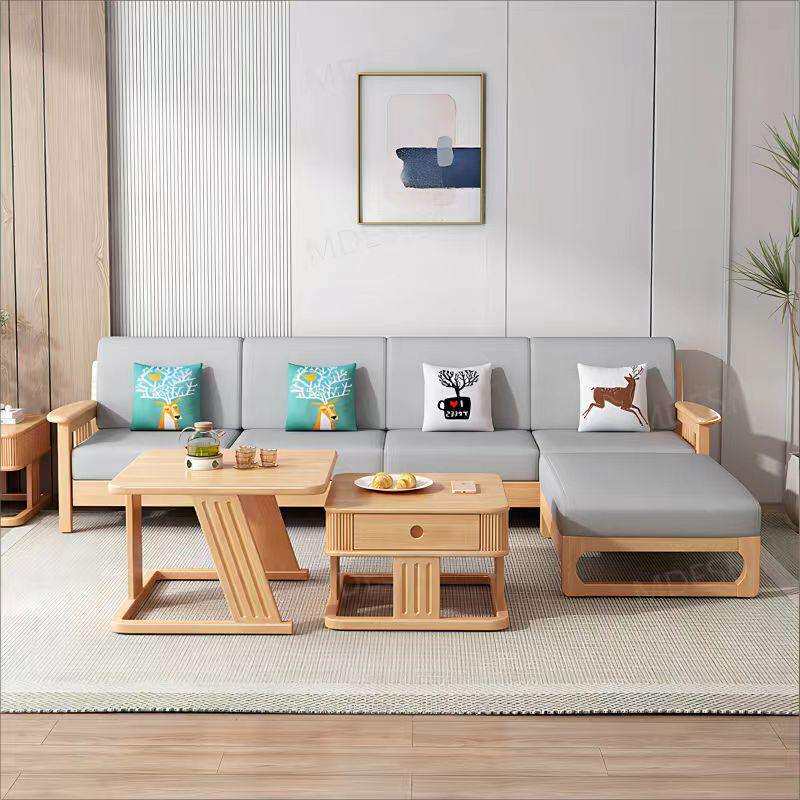 北欧实木沙发组合现代简约家用小户型客厅布艺贵妃转角原木风沙发