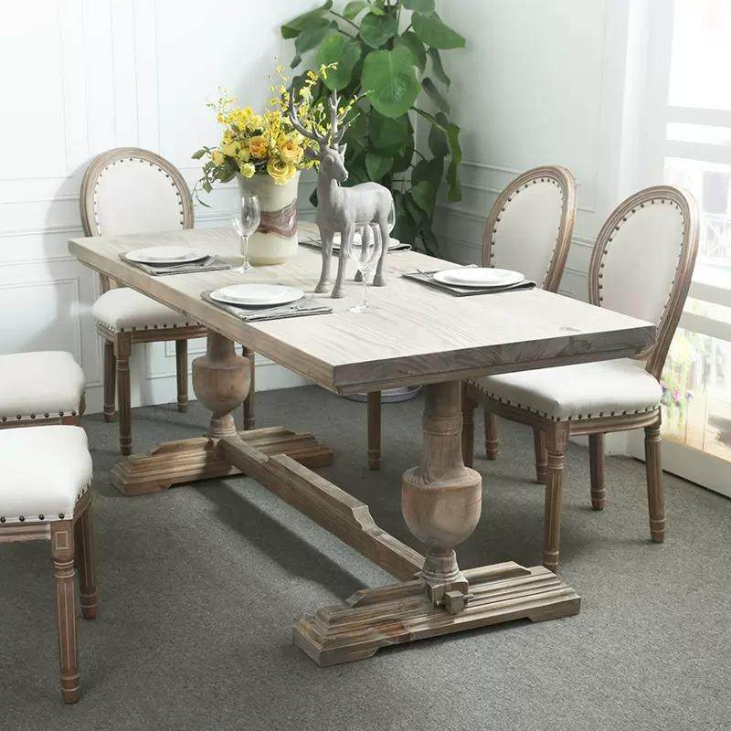 美式风格家用实木罗马柱餐桌法式乡村复古餐厅吃饭长条桌仿古做旧