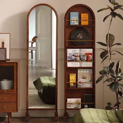 中古实木全身镜可移动落地法式复古收纳杂志书架一体旋转穿衣镜子