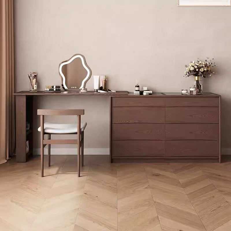 中式中古风实木梳妆台斗柜一体现代转角化妆桌床尾收纳柜橡木妆台