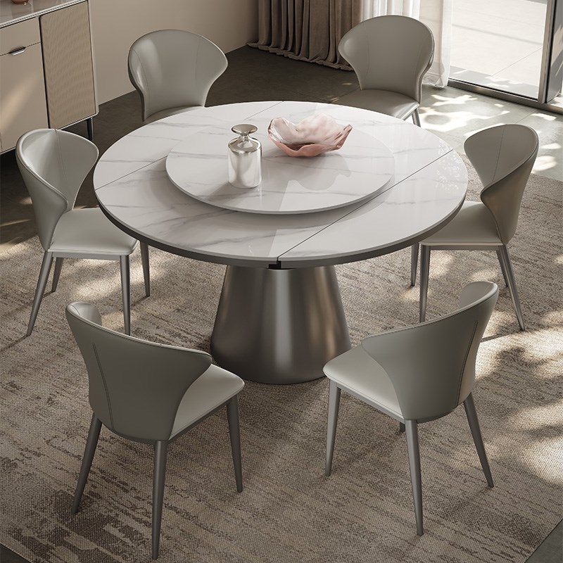 轻奢岩板餐桌圆形可伸缩2025新款家用小户型现代简约X折叠岩板圆