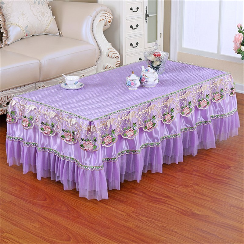 新款布艺婚庆紫色蕾丝茶几罩餐桌台布电视柜盖布床头柜长方形客厅