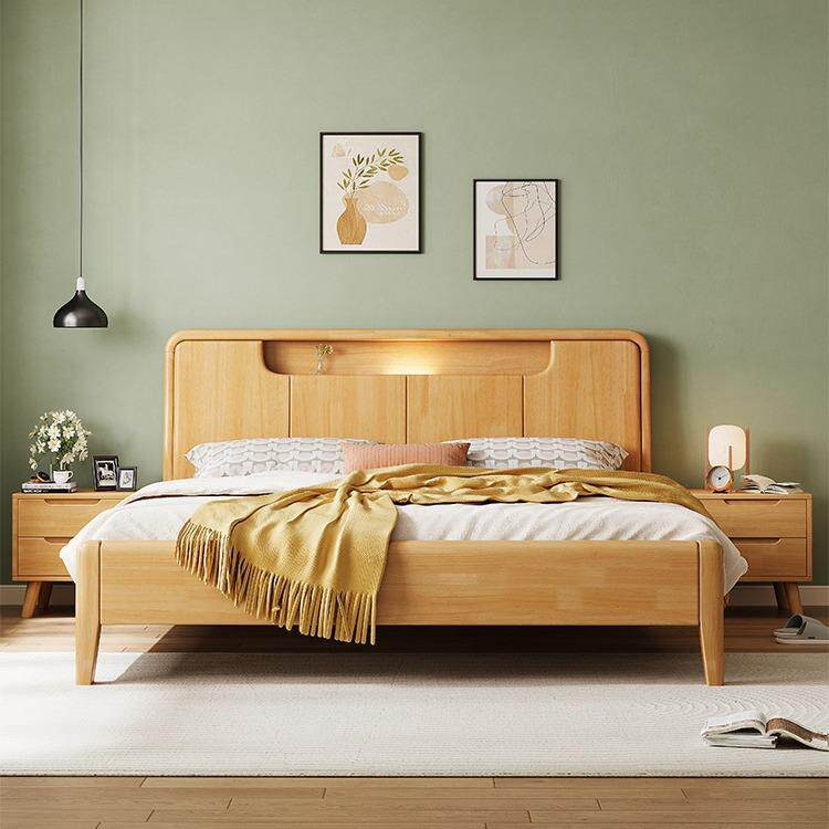 实木床卧室1.8m现代简约硬靠带夜灯双人大床1.5m小户型单人床