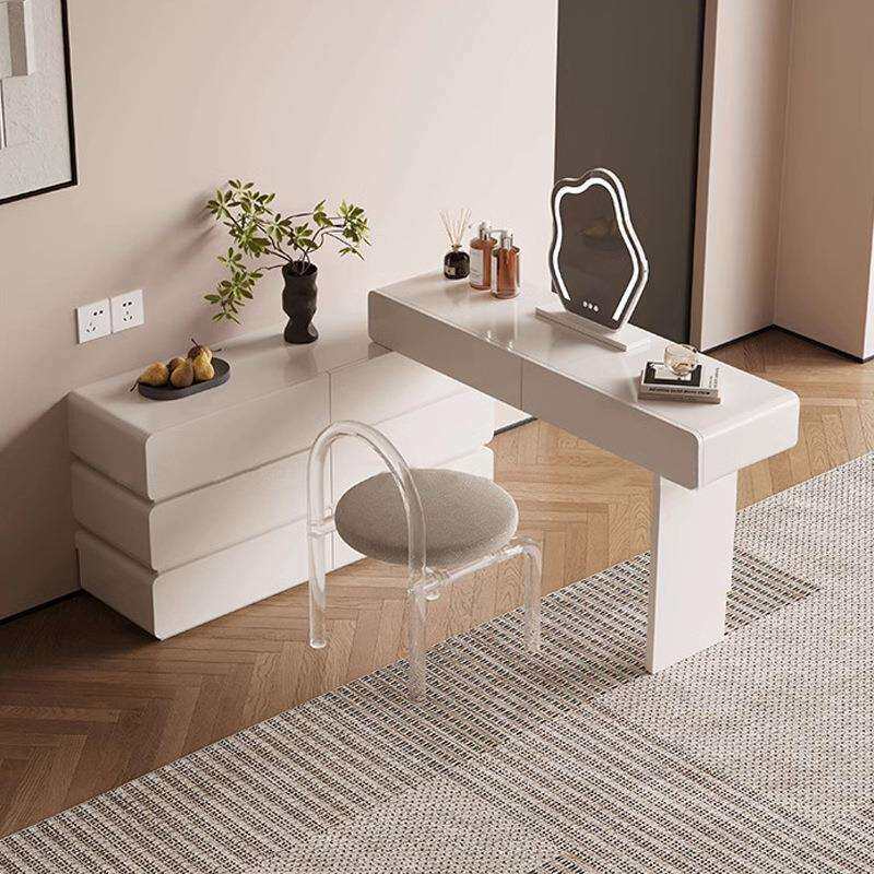 奶油风白色实木梳妆台卧室转角斗柜一体收纳柜现代简约伸缩化妆桌