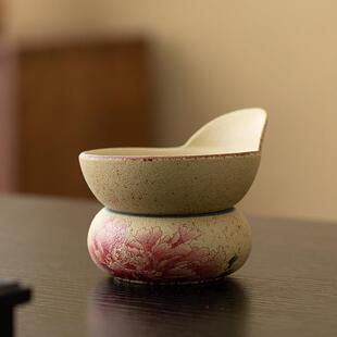 牡丹花青花火石红茶水分离泡茶杯过滤茶漏复古陶瓷过滤孔个人专用