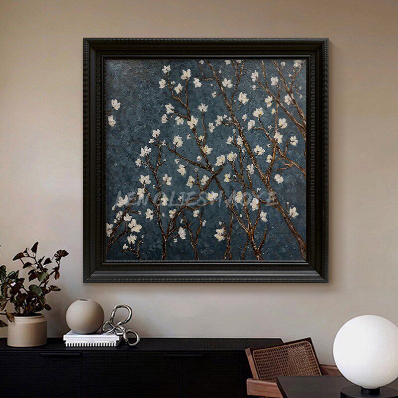 法式中古风抽象玄关挂画白色花卉肌理感手绘油画客厅植物玄关挂画