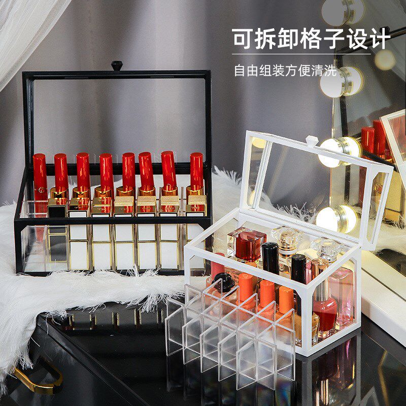 玻璃口红收纳盒ins少女心储物带盖防尘整理盒大唇釉格子展示架